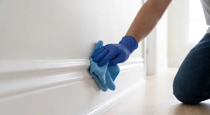House cleaner wiping baseboards in a Kanata, Ottawa home