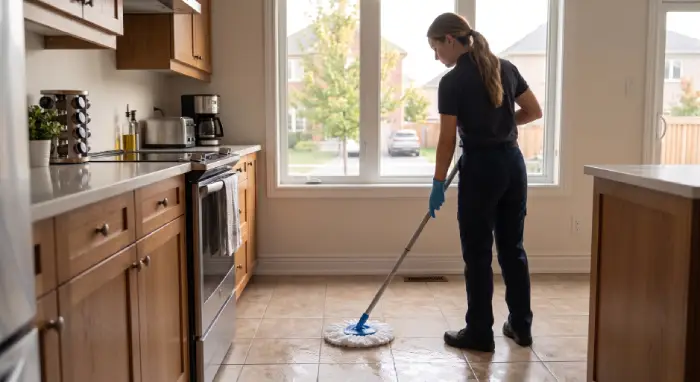 House cleaner mopping a kitchen floor in an Orléans, Ottawa home