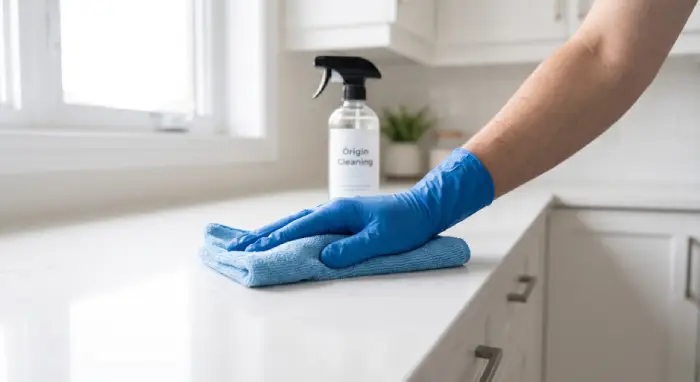 House cleaner wiping a kitchen counter in a Stittsville, Ottawa home